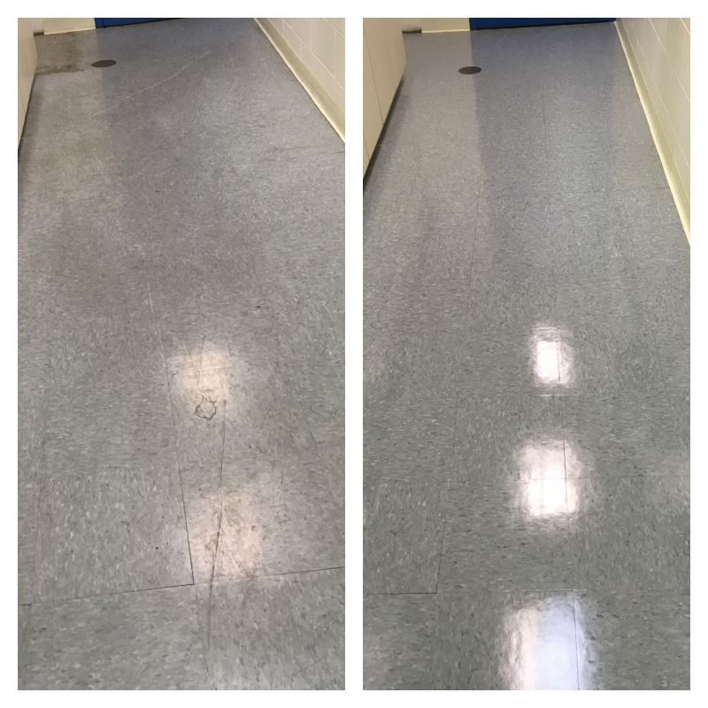 A before and after photo of a hallway floor.