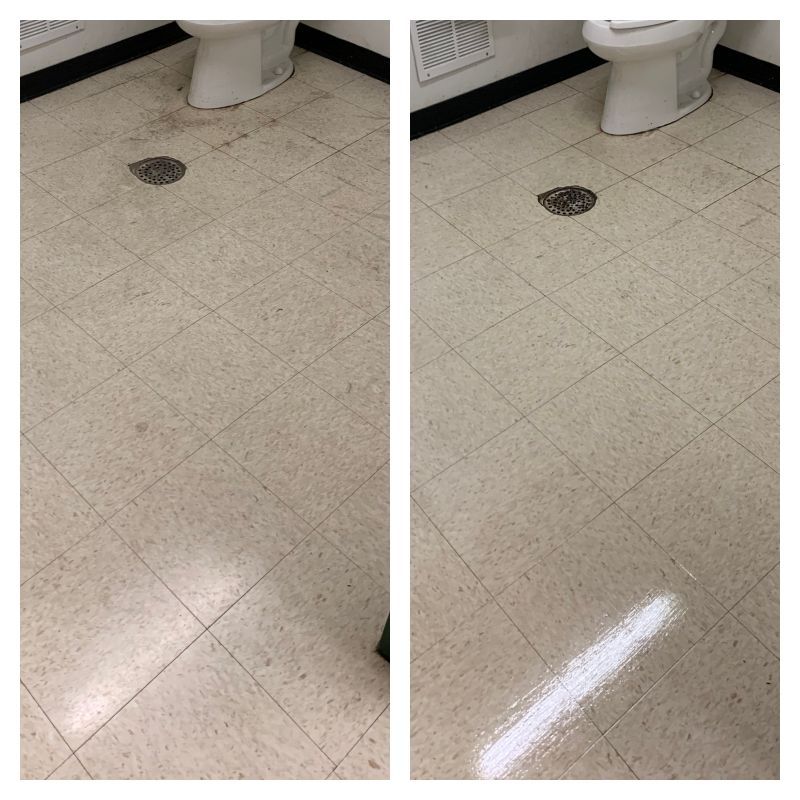 A before and after photo of a bathroom floor with a toilet.