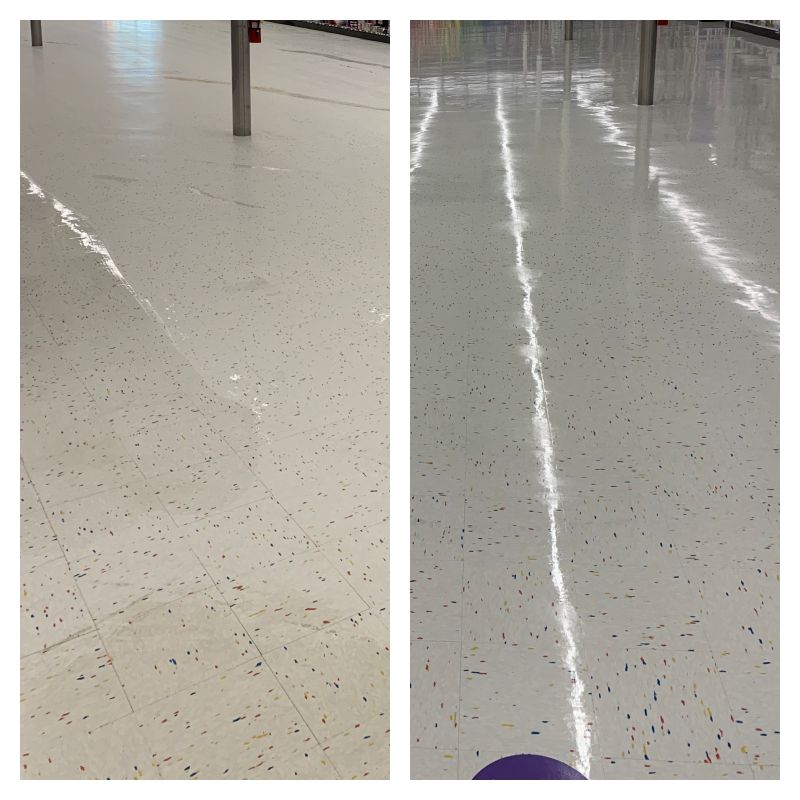 A before and after photo of a store floor.
