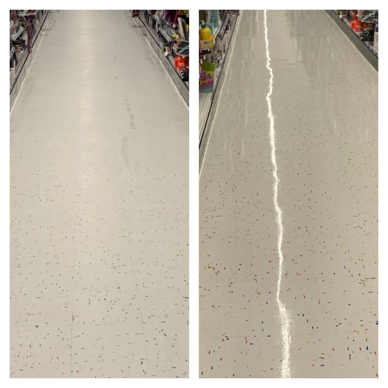 A before and after photo of a floor.