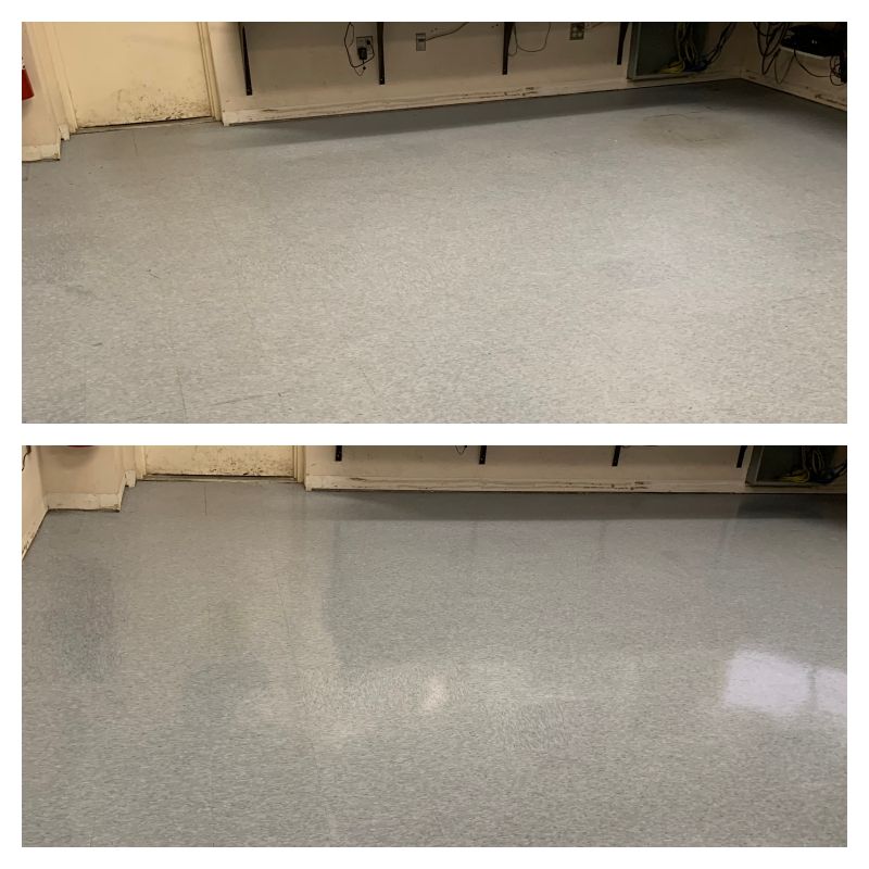 A before and after photo of a carpeted floor in a room.