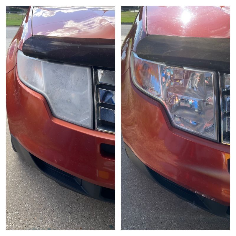 A before and after photo of a red car 's headlights.
