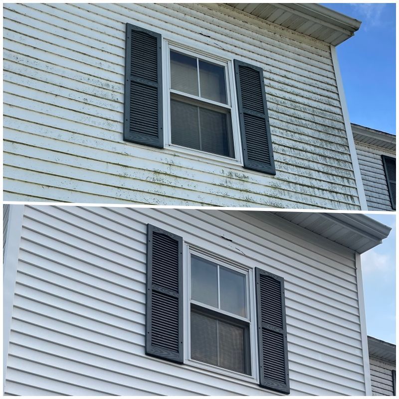 A before and after picture of a white house with black shutters.
