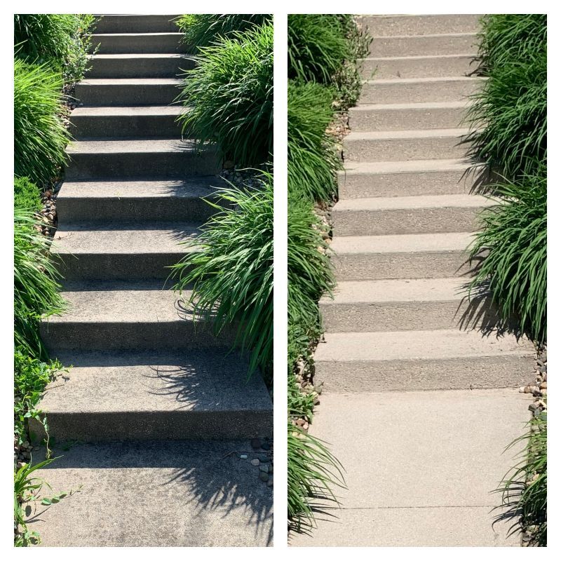 A before and after photo of a set of stairs surrounded by plants.