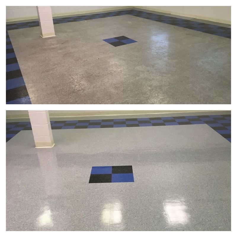 A before and after photo of a floor with a blue and black checkered pattern.