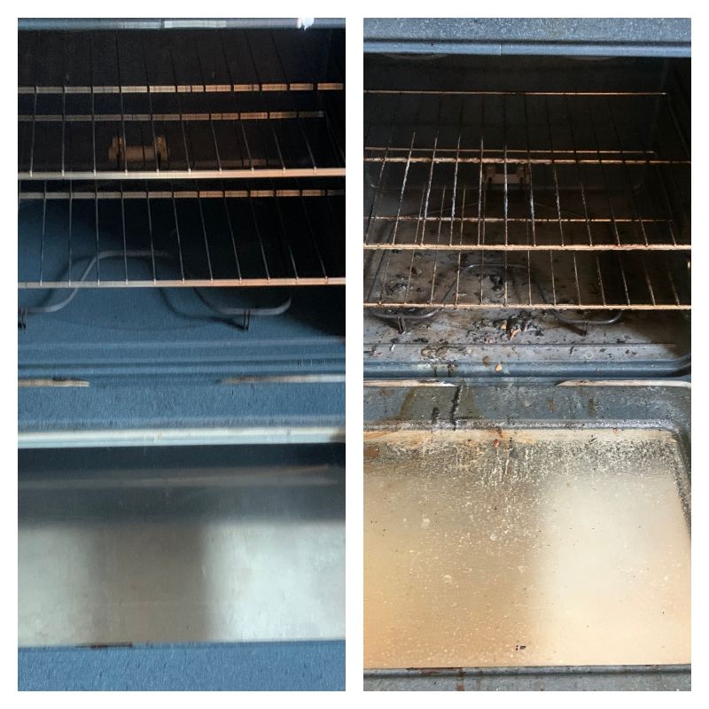 A before and after picture of a dirty oven