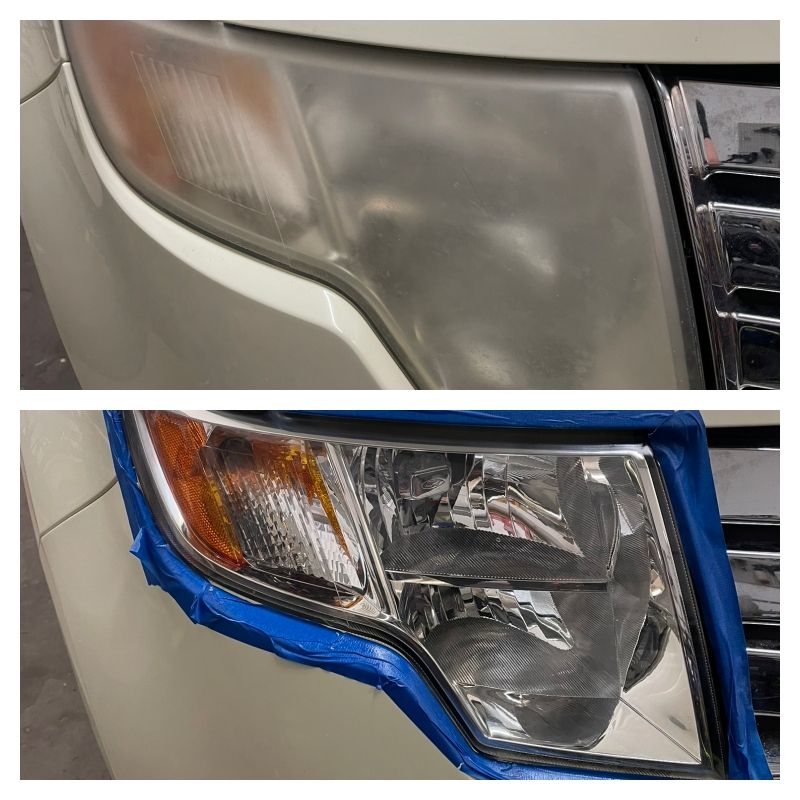 A before and after picture of a car headlight being restored.