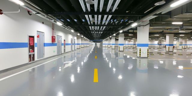 Empty underground parking garage with glossy gray floor, white pillars, and yellow lane markings