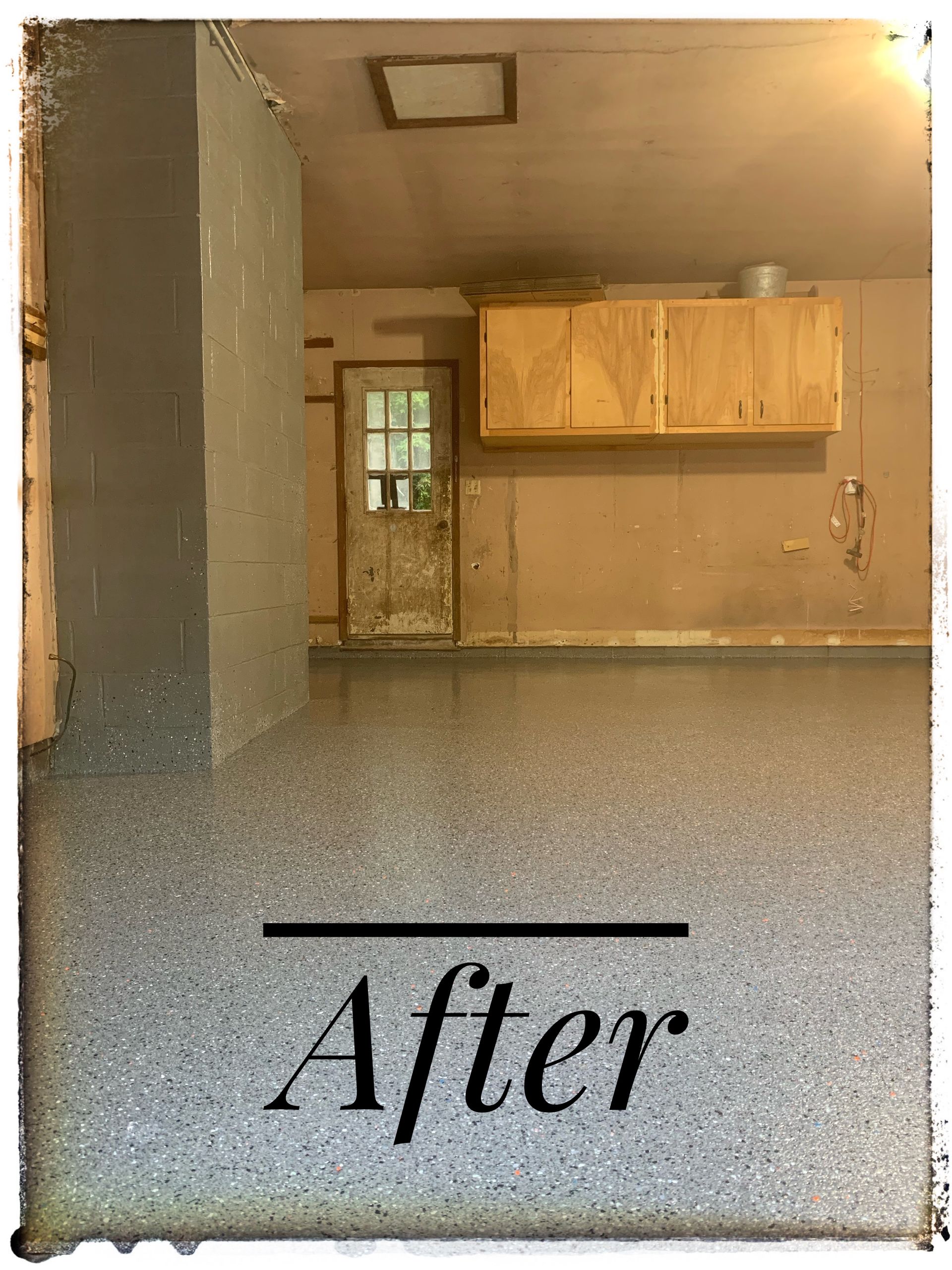 Empty garage interior with concrete floor and cabinets, labeled “After” at the bottom.