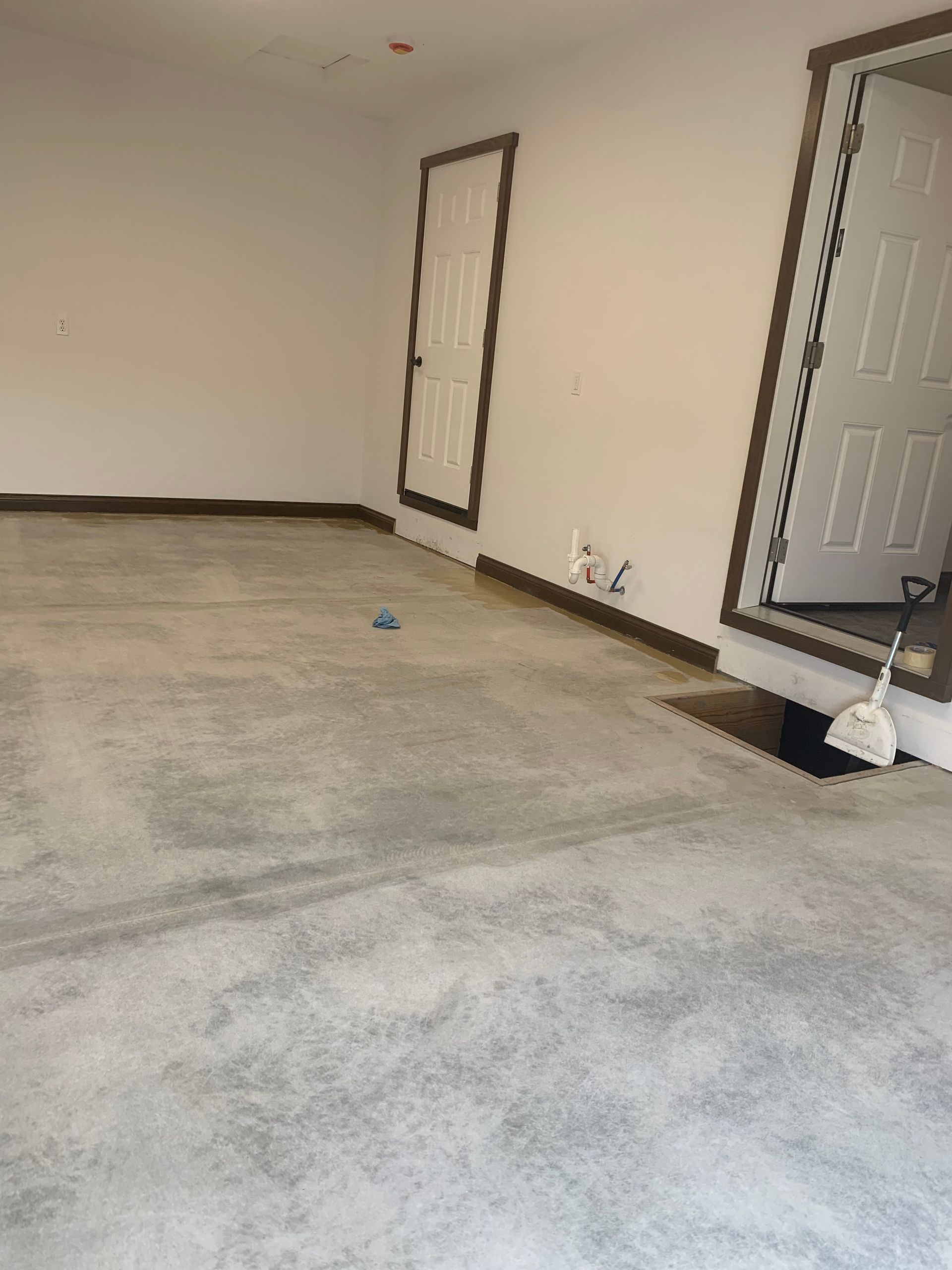 Empty room with beige carpet, white walls, and a door with a broom nearby