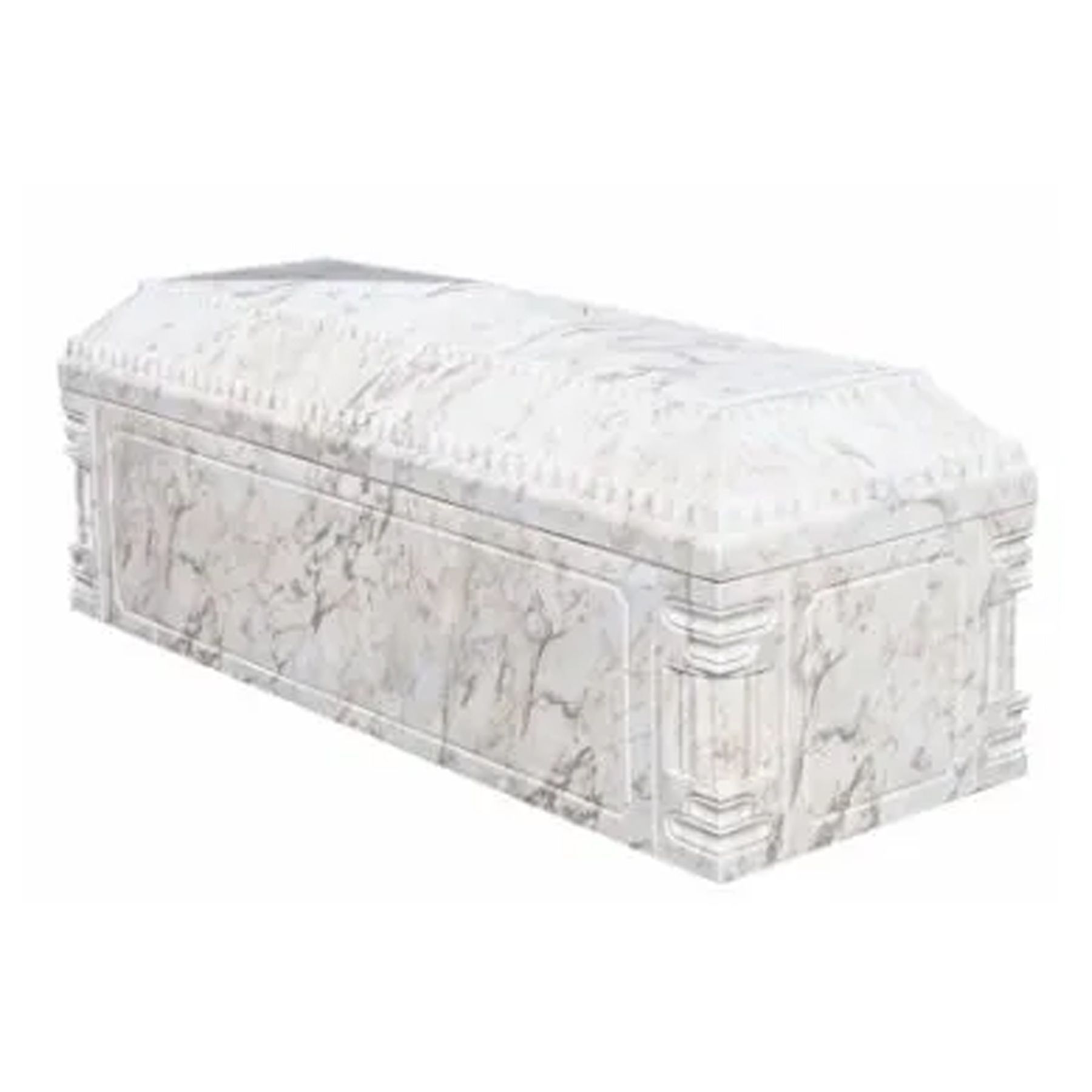 A white marble coffin on a white background.