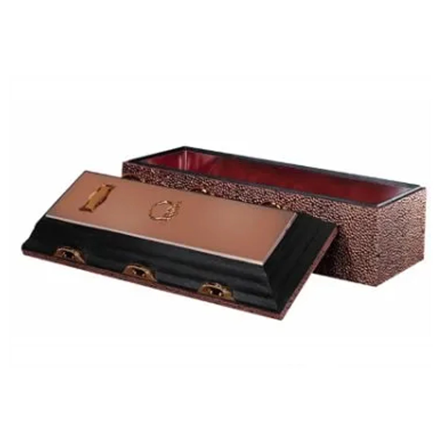 A black and copper coffin with the lid open on a white background.