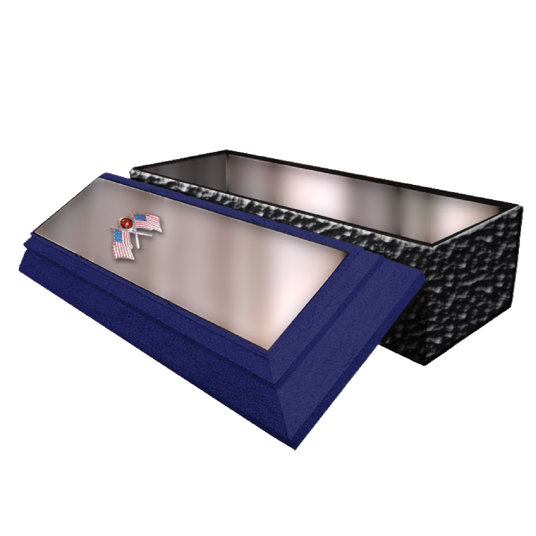 A blue coffin with a stainless steel lid