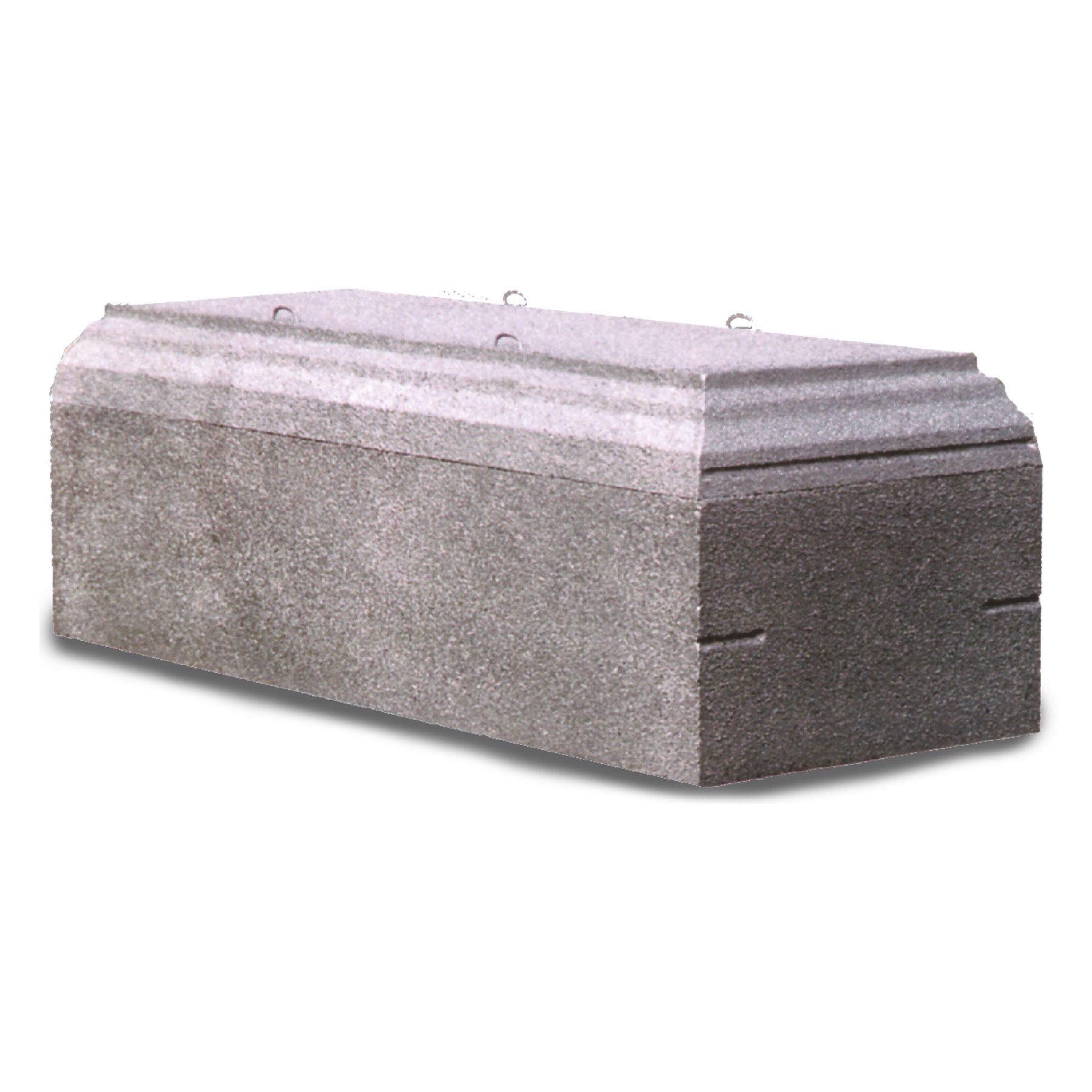 A concrete coffin with a white lid on a white background.