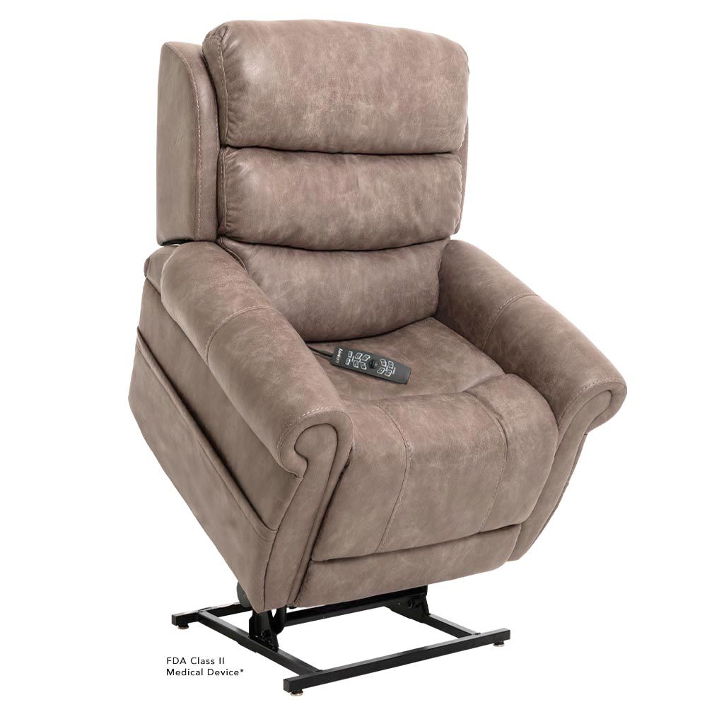 Tan power lift recliner chair with remote.