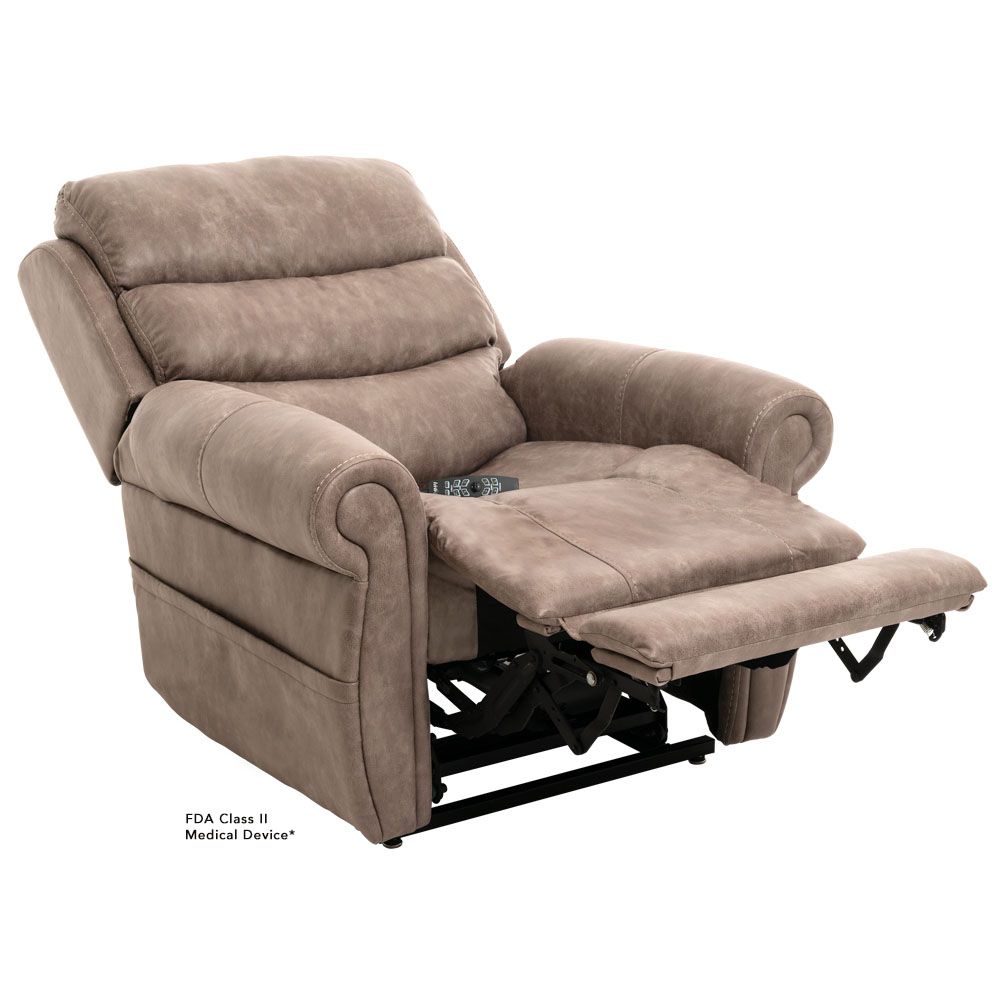 Tan power lift recliner chair with footrest extended.