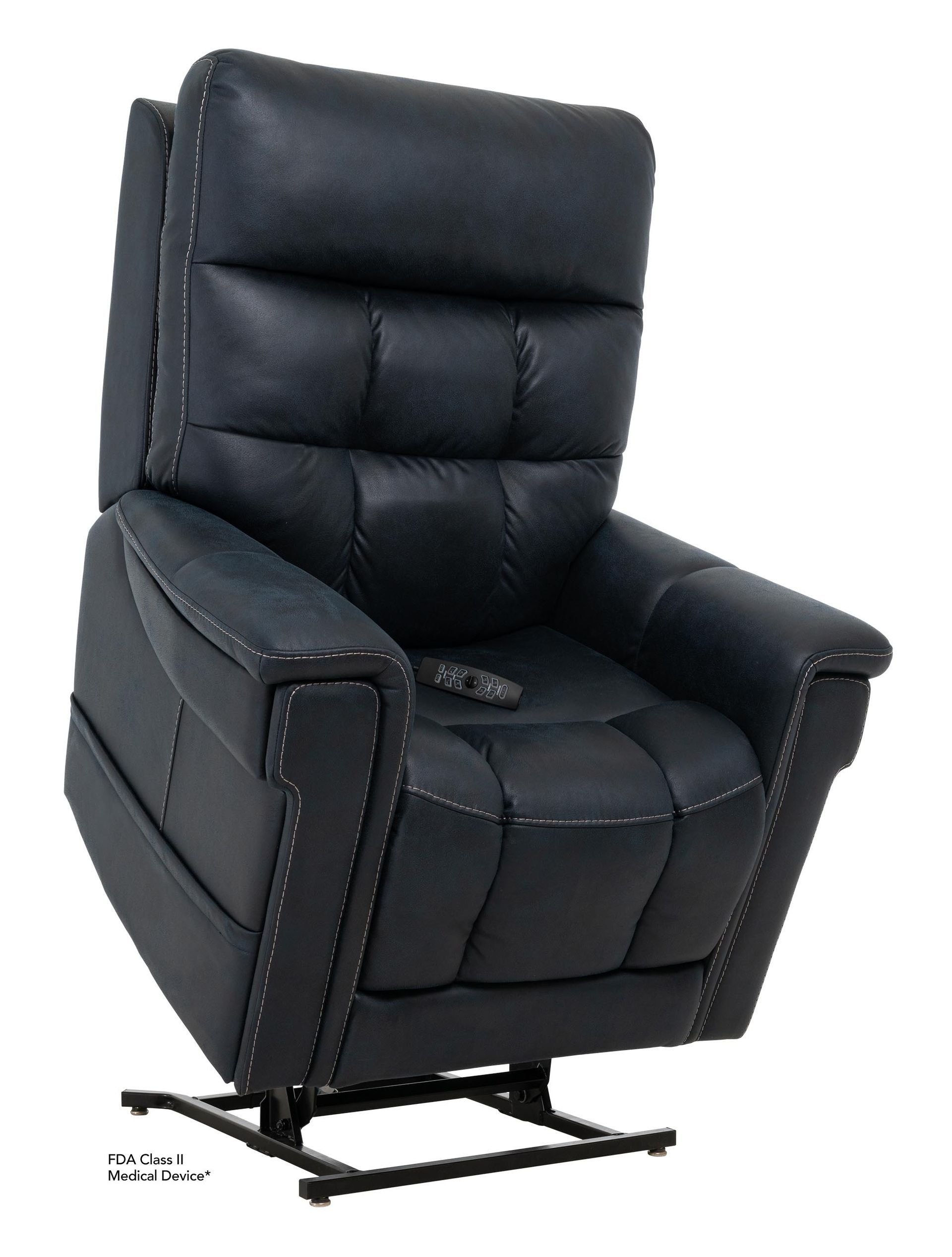 Dark blue lift recliner chair, raised in a tilted position.