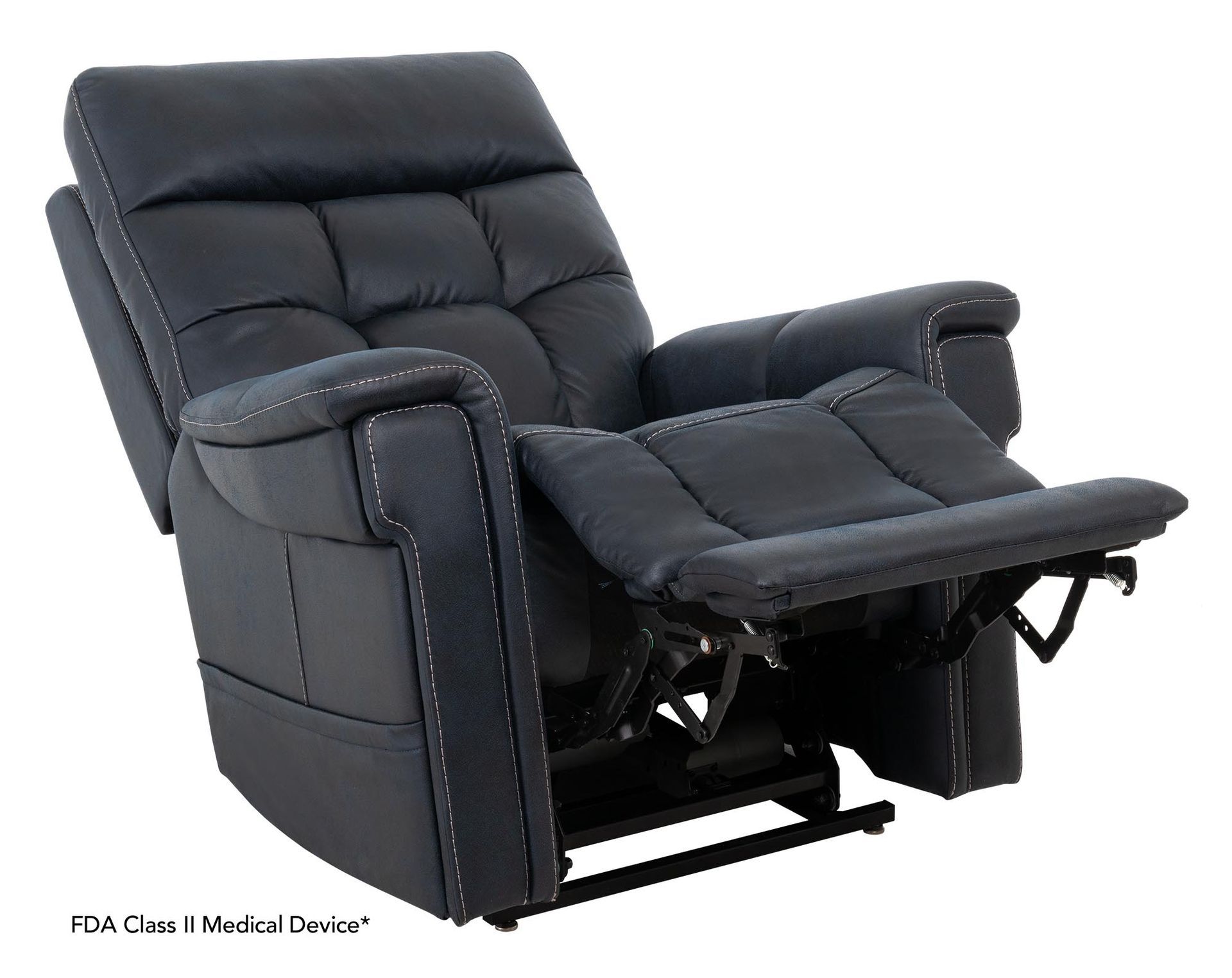 Black leather power recliner with footrest extended.
