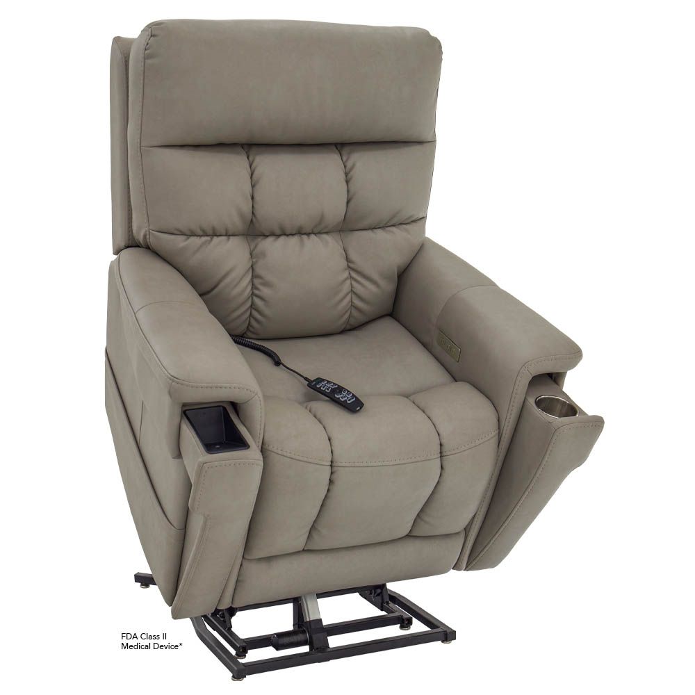 Tan power lift recliner with cupholders and remote control.