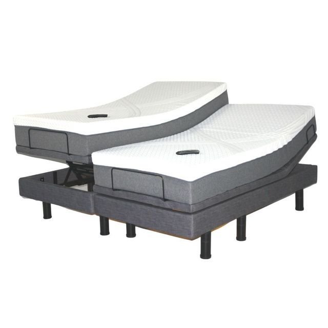 Two adjustable beds, one raised, with white mattresses and gray bases.