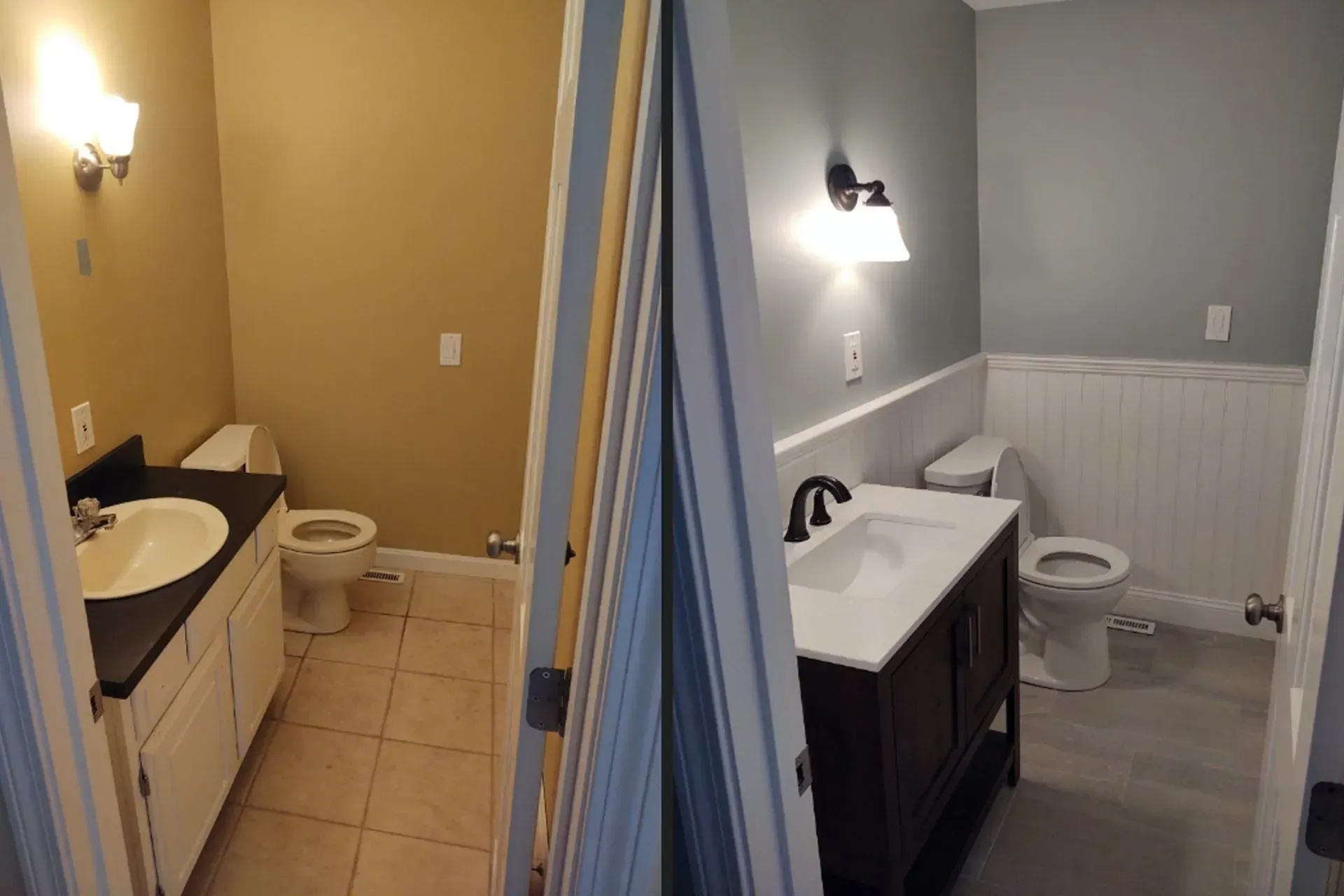 Bathroom remodel: Before and after. Beige and brown vs. blue and white, with new vanity and flooring.