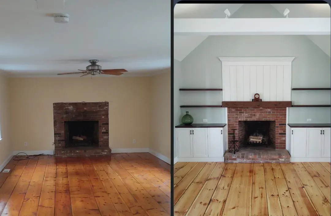 Room before/after remodel: fireplace, wood floor, white cabinetry, shelves.