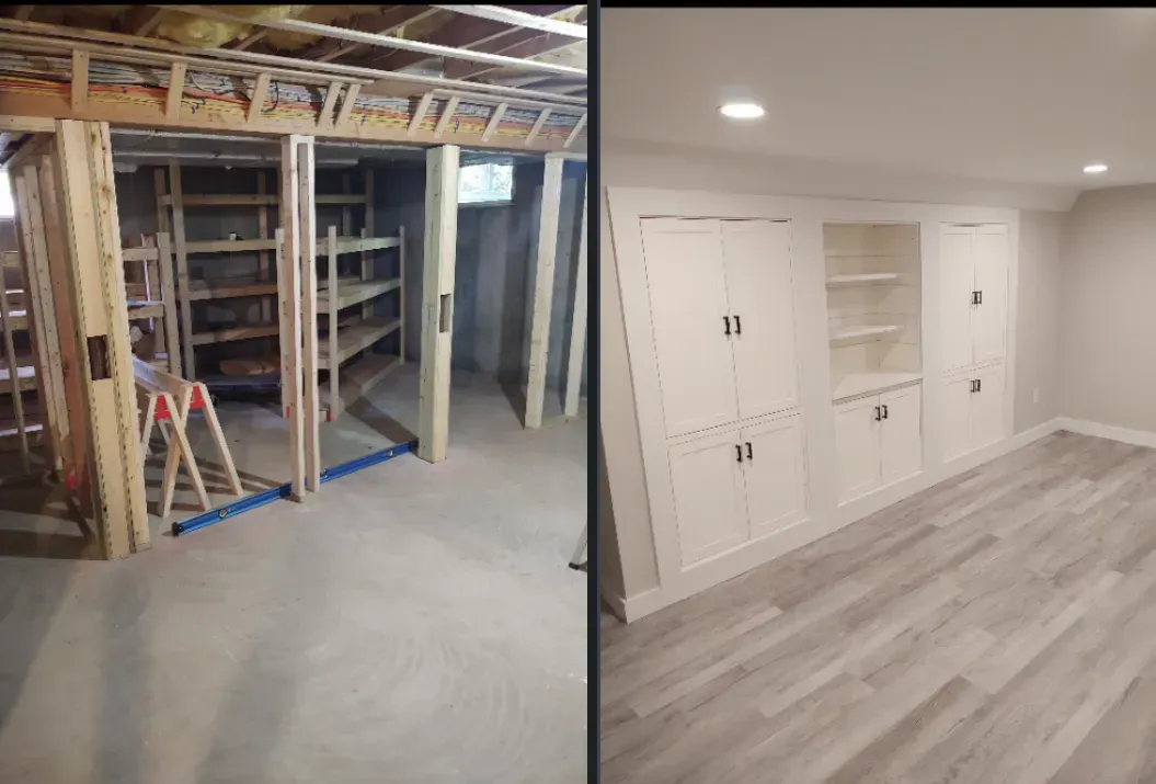 Basement renovation before and after: unfinished storage area transformed into finished built-in cabinets and wood flooring.
