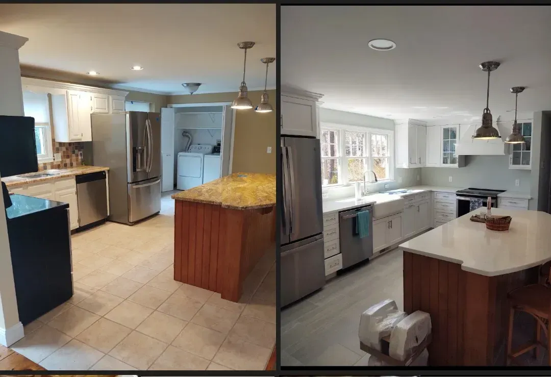 Kitchen renovation before and after: white cabinets, stainless steel appliances, and island.