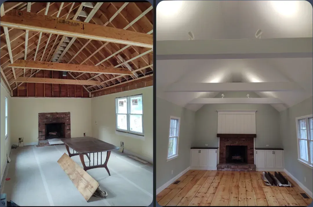 Room renovation: before and after. Exposed beams and fireplace on the left. Finished with painted ceiling, built-ins, and hardwood floors on the right.