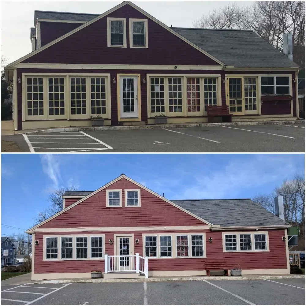 Two-panel image of a red building with light trim. The top image is more faded. The bottom shows a brighter exterior on a clear day.