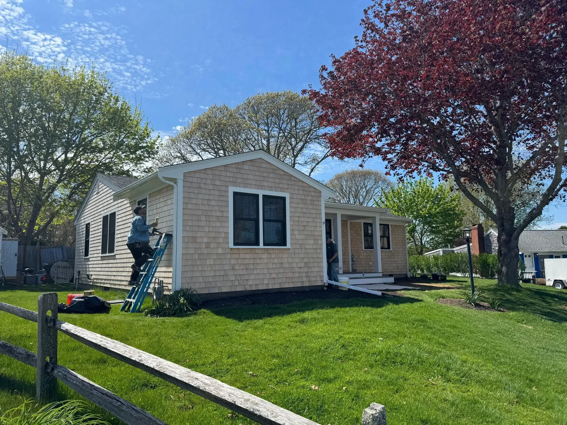 House with light siding, dark windows, and a red-leaf tree in front, sunny day.