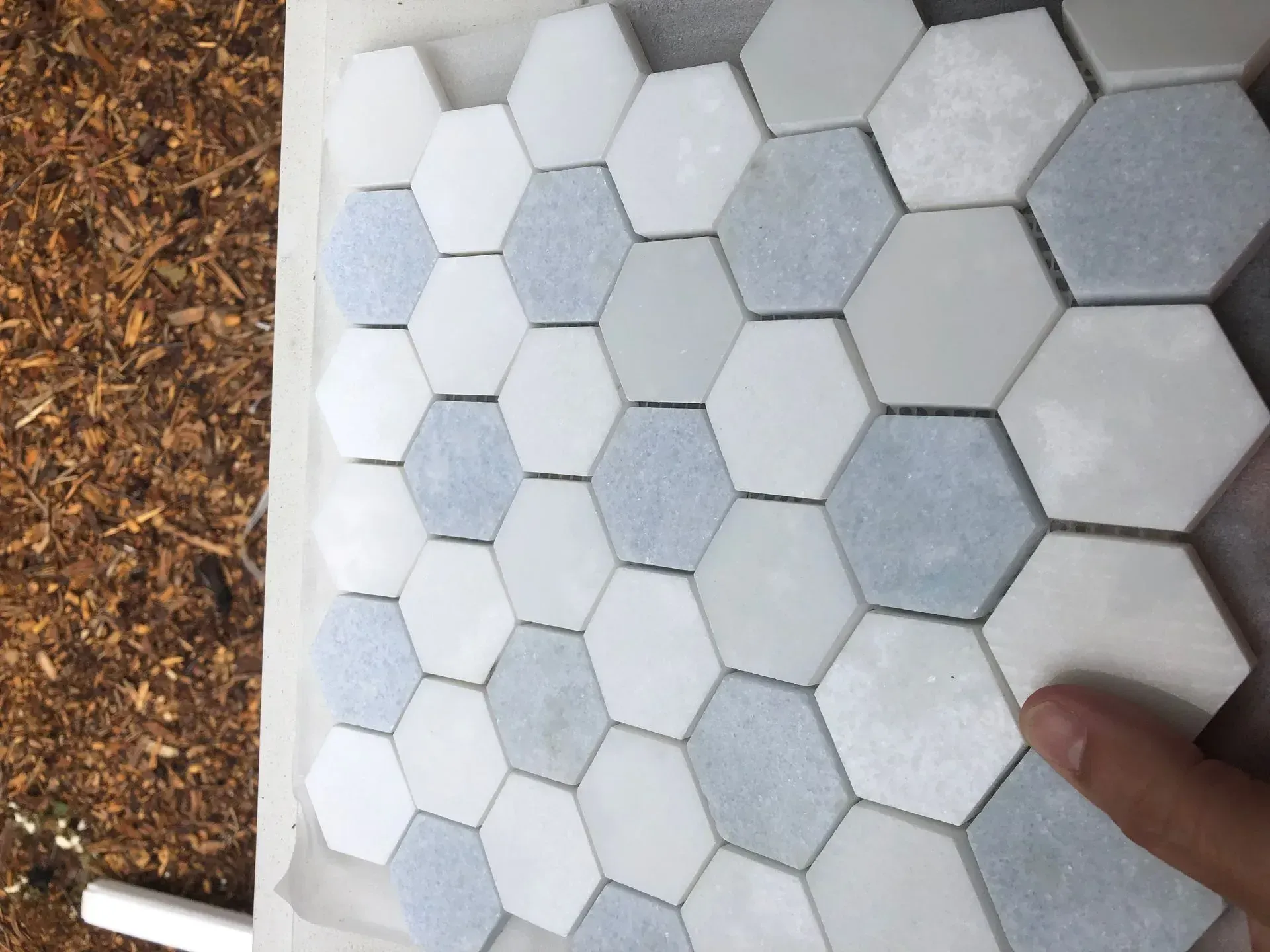 Close-up of hexagon-shaped tiles in a blue and white pattern. A hand holds a white tile.