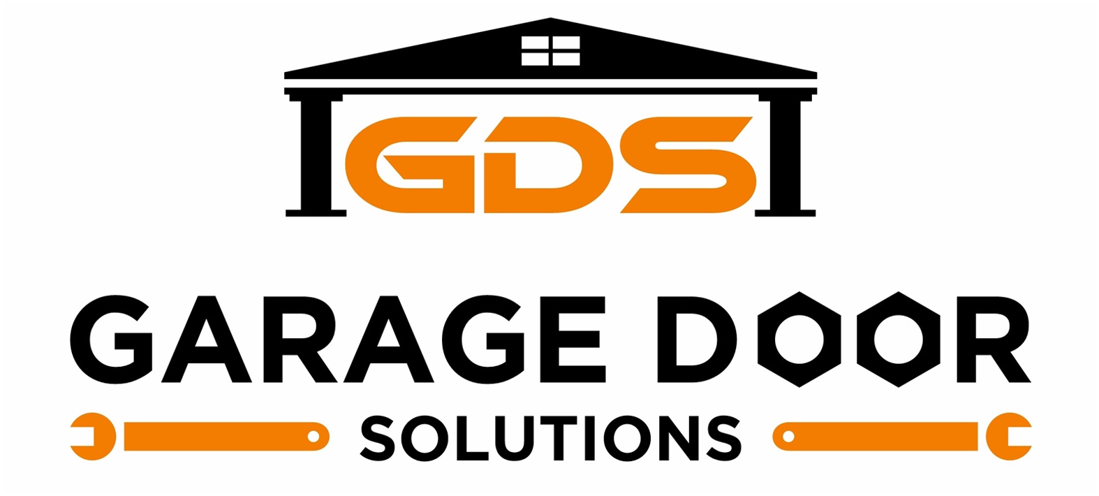 Logo for Garage Door Solutions of TN featuring white bold text on a black rectangular background with an orange border.