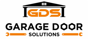 Logo for Garage Door Solutions of TN featuring white bold text on a black rectangular background with an orange border.