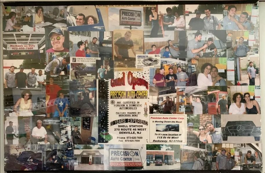 A collage of photos featuring people, events, and business signage, likely documenting family or community memories. Colors are varied, and the setting is indoors.