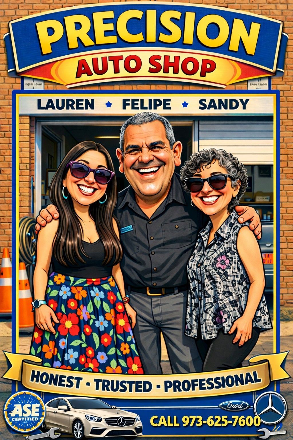Caricature of three people standing in front of Precision Auto Shop with contact information and service tags