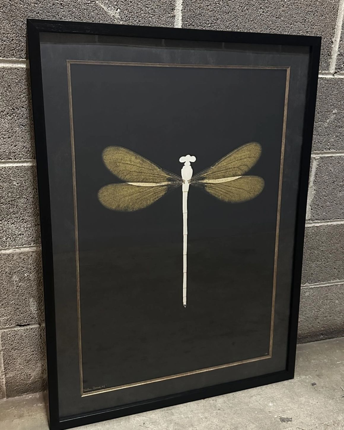 Framed art: a dragonfly with gold wings and white body against a black background.