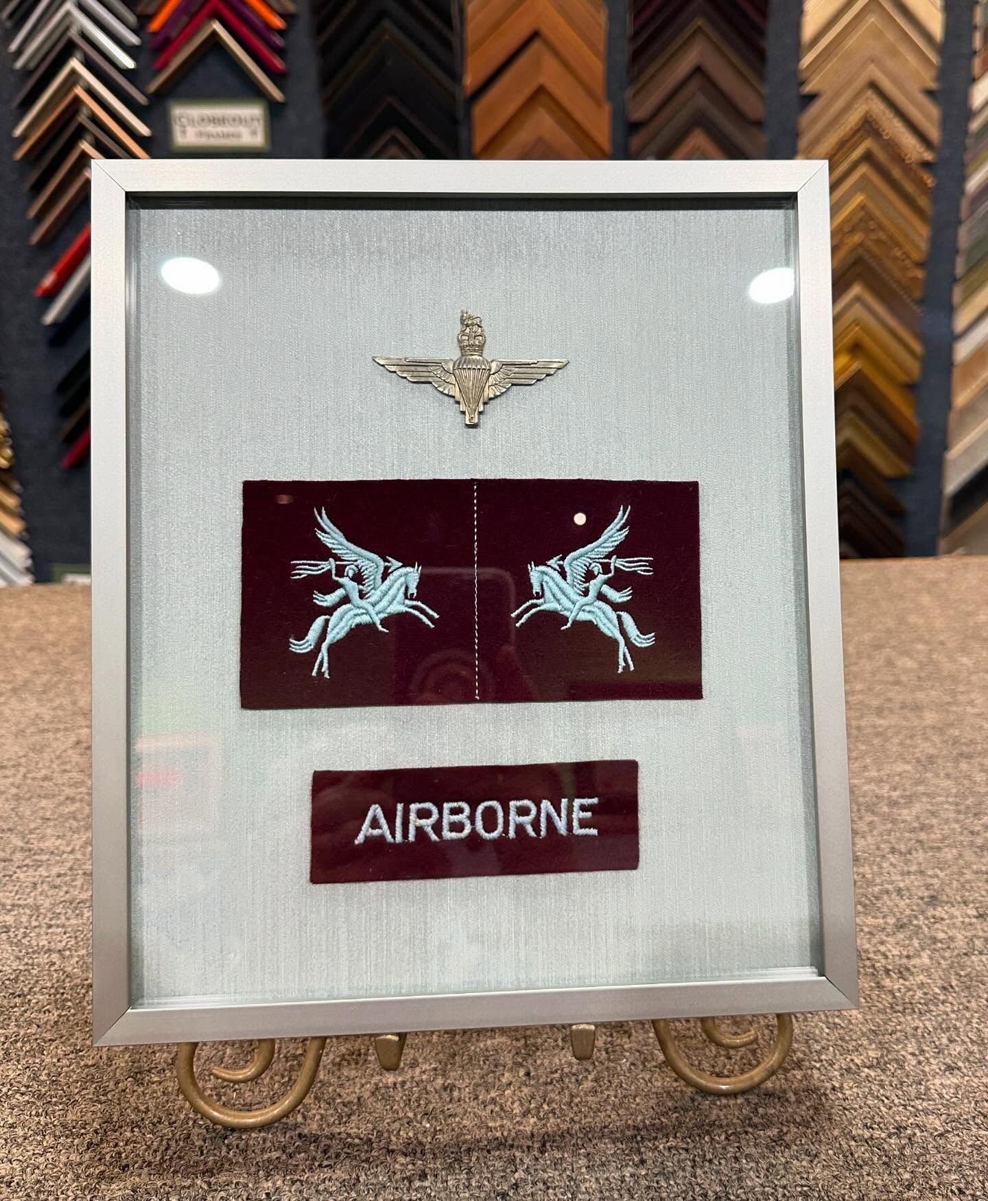 Framed military insignia: Airborne badge, patches of running pegasus symbols, and 