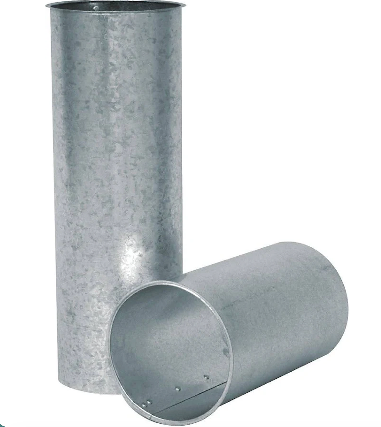 Two galvanized metal duct sections, one standing upright and one lying on its side
