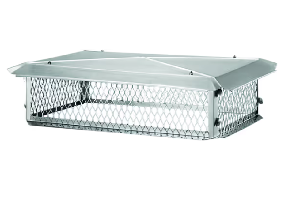 Rectangular metal rooftop vent with wire mesh sides and a sloped silver cap
