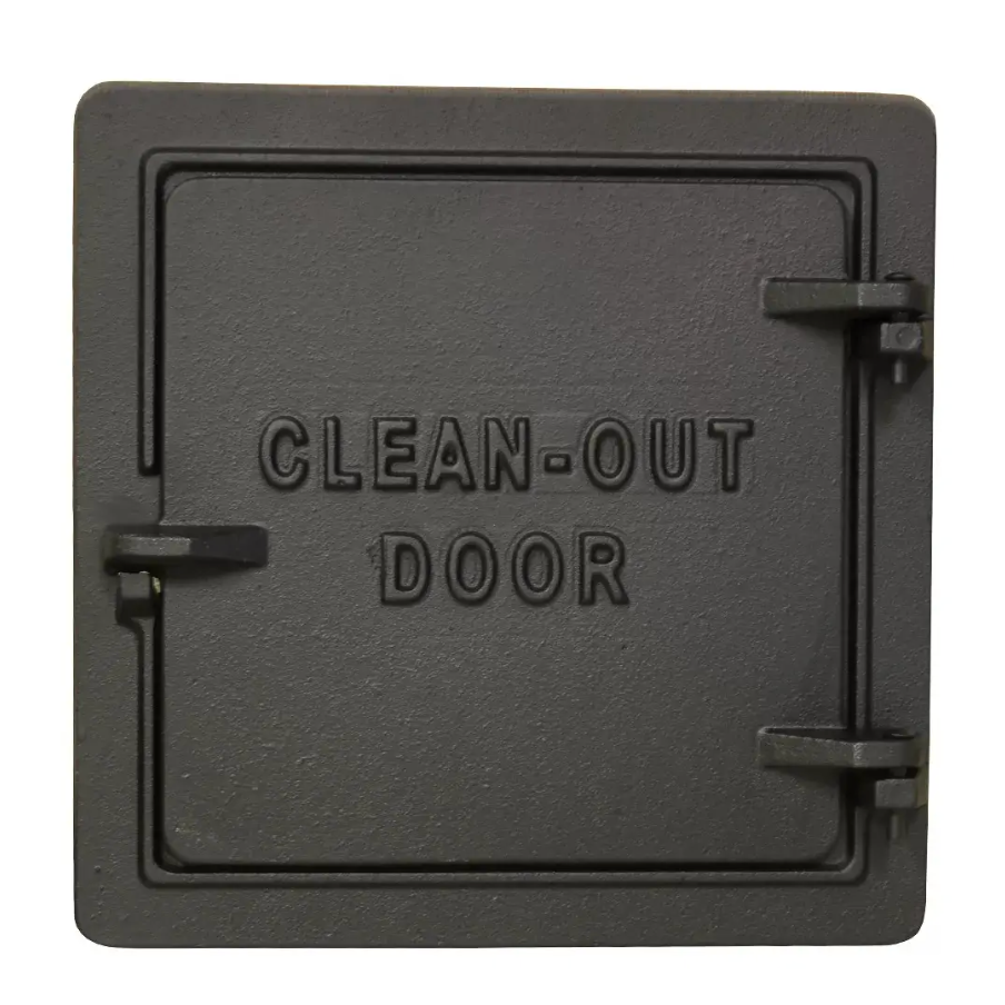 Gray metal clean-out door with the words “CLEAN-OUT DOOR” embossed on the front.