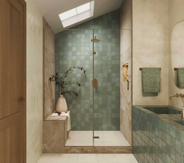 Modern bathroom with green-tiled shower, glass door, skylight, and beige stone walls