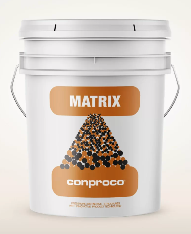White CONPROCO MATRIX paint bucket with orange label and dotted pyramid graphic