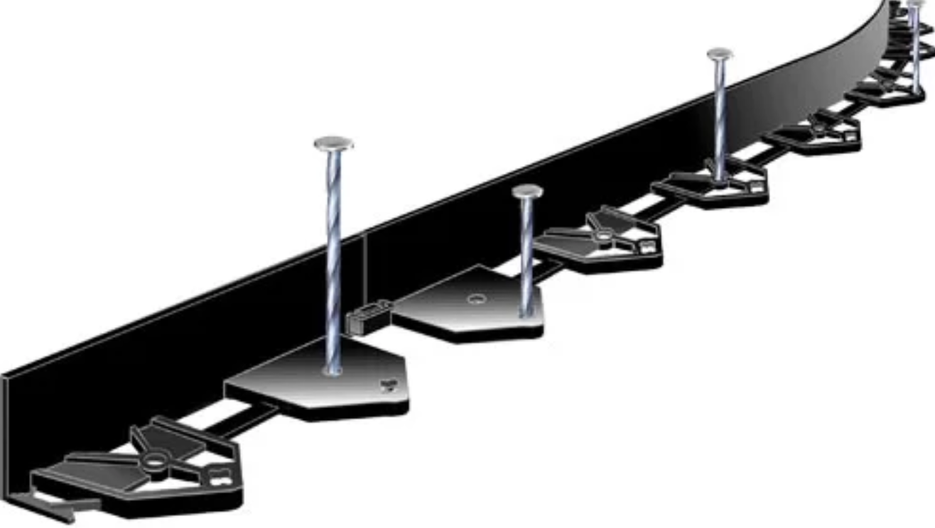Black cable tray supported by metal standoffs along a wall or ceiling.