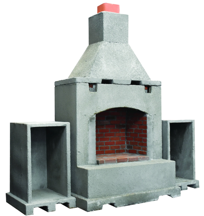 Gray outdoor brick fireplace with chimney and two side shelves on a white background