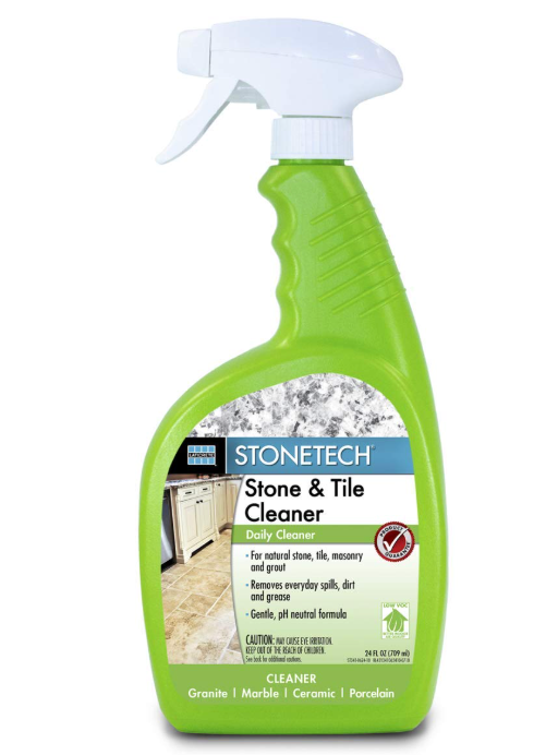 Green spray bottle of STONETECH stone and tile cleaner with white trigger nozzle.