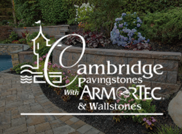 Cambridge Pavingstones with ARMORTEC & Wallstones logo over a garden stone path background