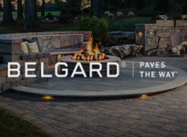 BELGARD logo over a modern stone patio with a circular fire pit and the words “PAVES THE WAY”