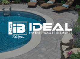 IDEAL paving logo over a poolside patio with lounge chairs and stone walkway