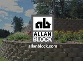 Allan Block logo over a retaining wall with trees, sky, and allanblock.com text